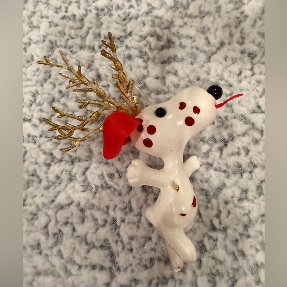 HTF Vintage Red White Snoopy Reindeer Christmas  Ornament Sticking Tongue Out
